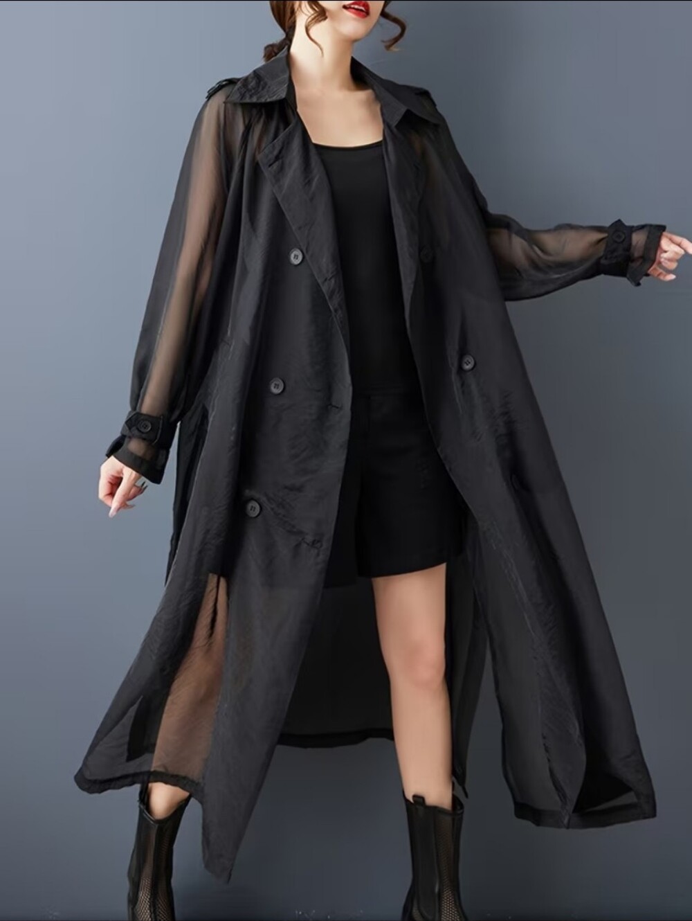 New Women's Organza Sheer Tie Front Long Sleeve Trench Coat, Minimalistic
